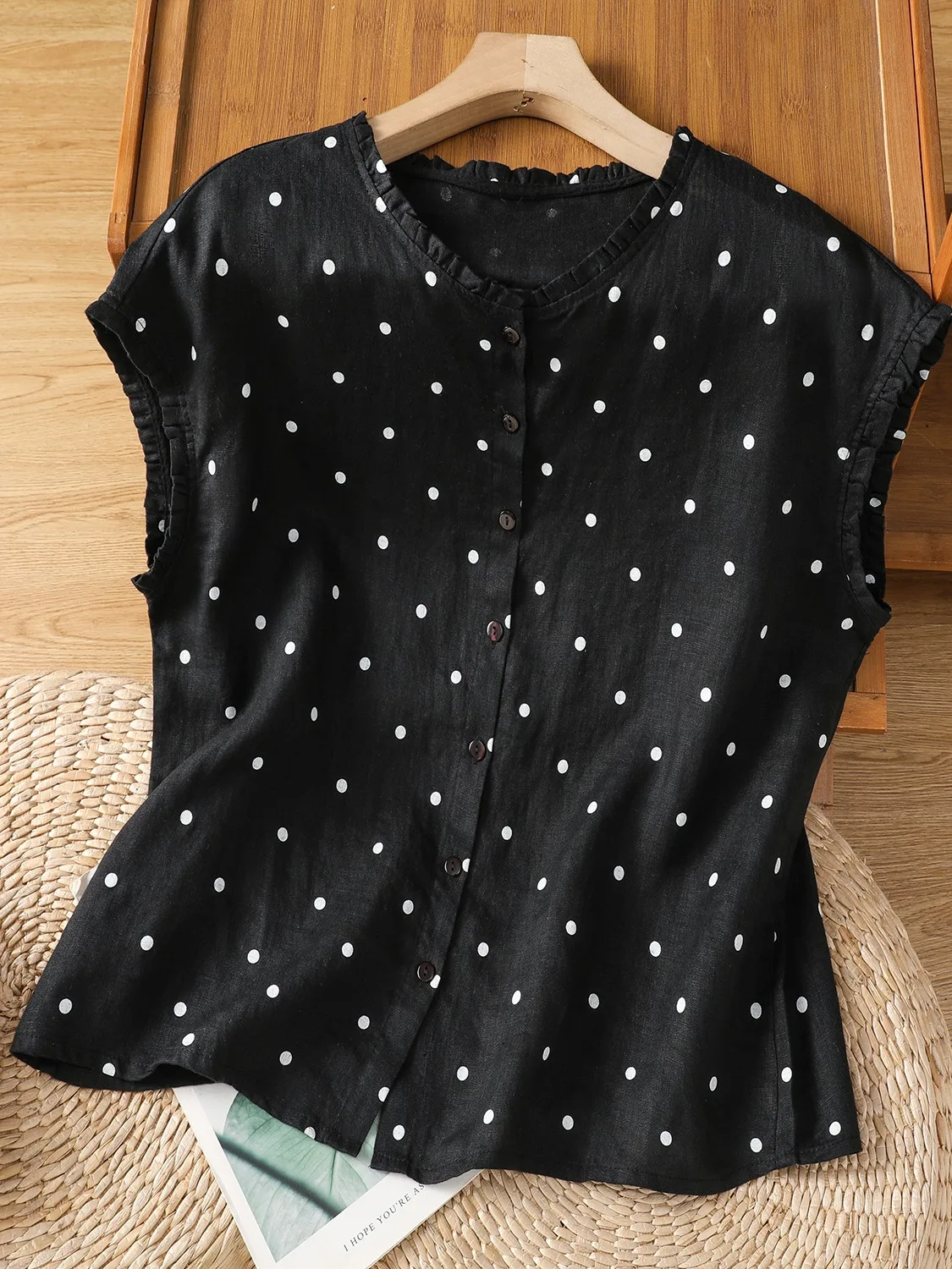 Csa Sem Mangas de Aodão e Linho com Estampa de Poá Retro para Mulheres, Csa de Verão de Alta Qualidade com Gola Earlet