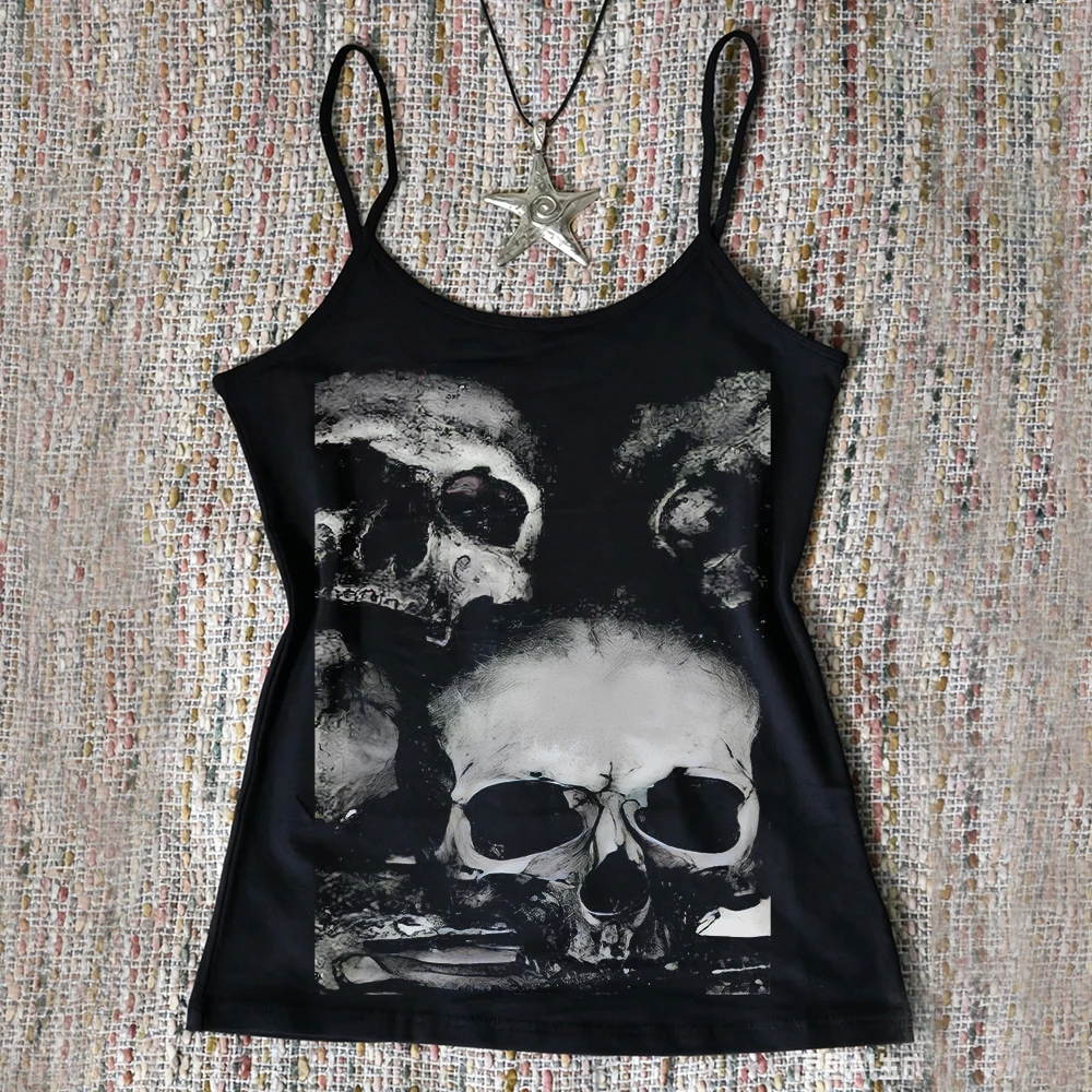 Punk women's aesthetic skull print garbage Gothic girl Camisole top crop top Y2k clothes retro tight vest T-shirt