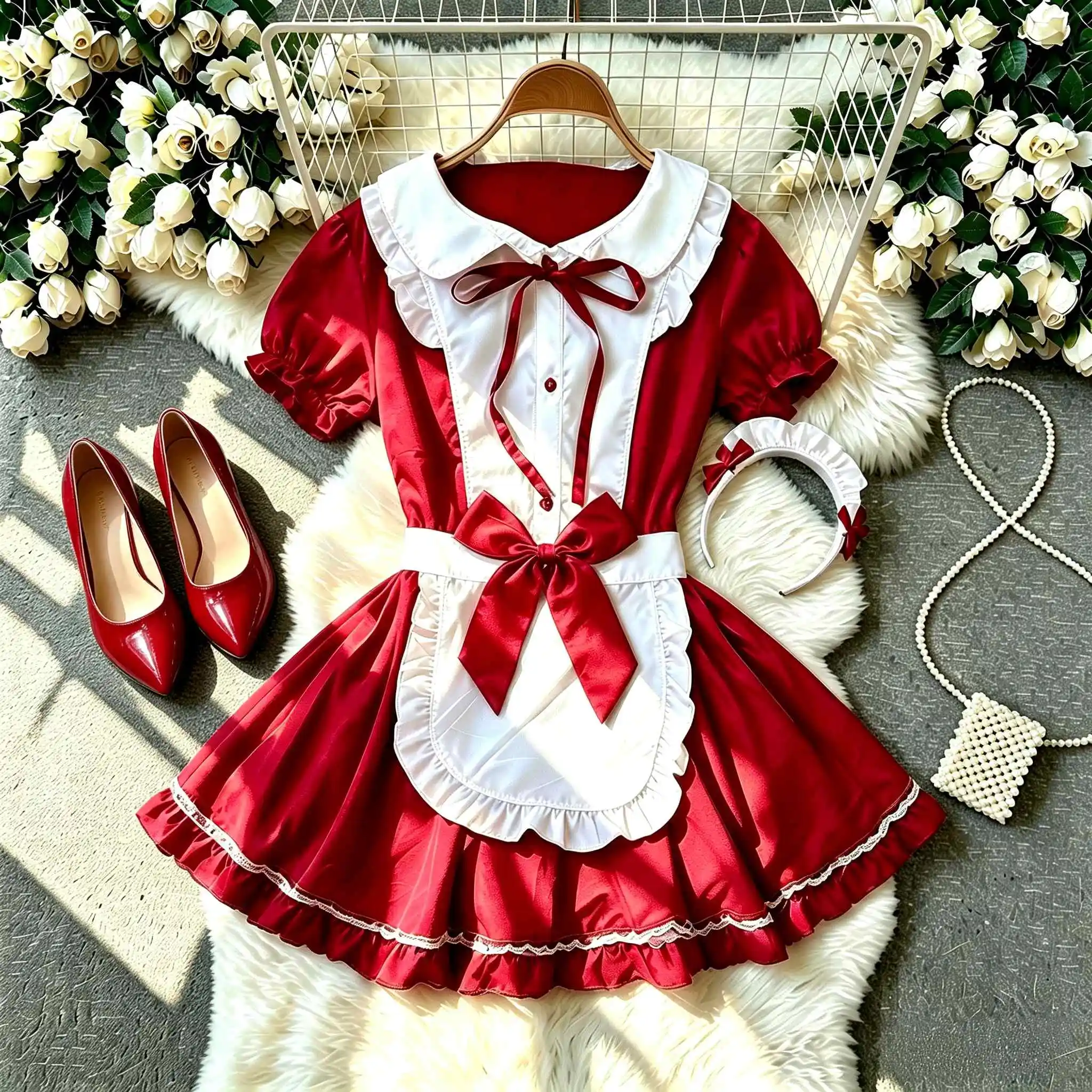 Classic Black and White French Maid Cosplay Costume with Bubble Sleeves Sexy Dress with Apron Headwear Set Cosplay Costume Party