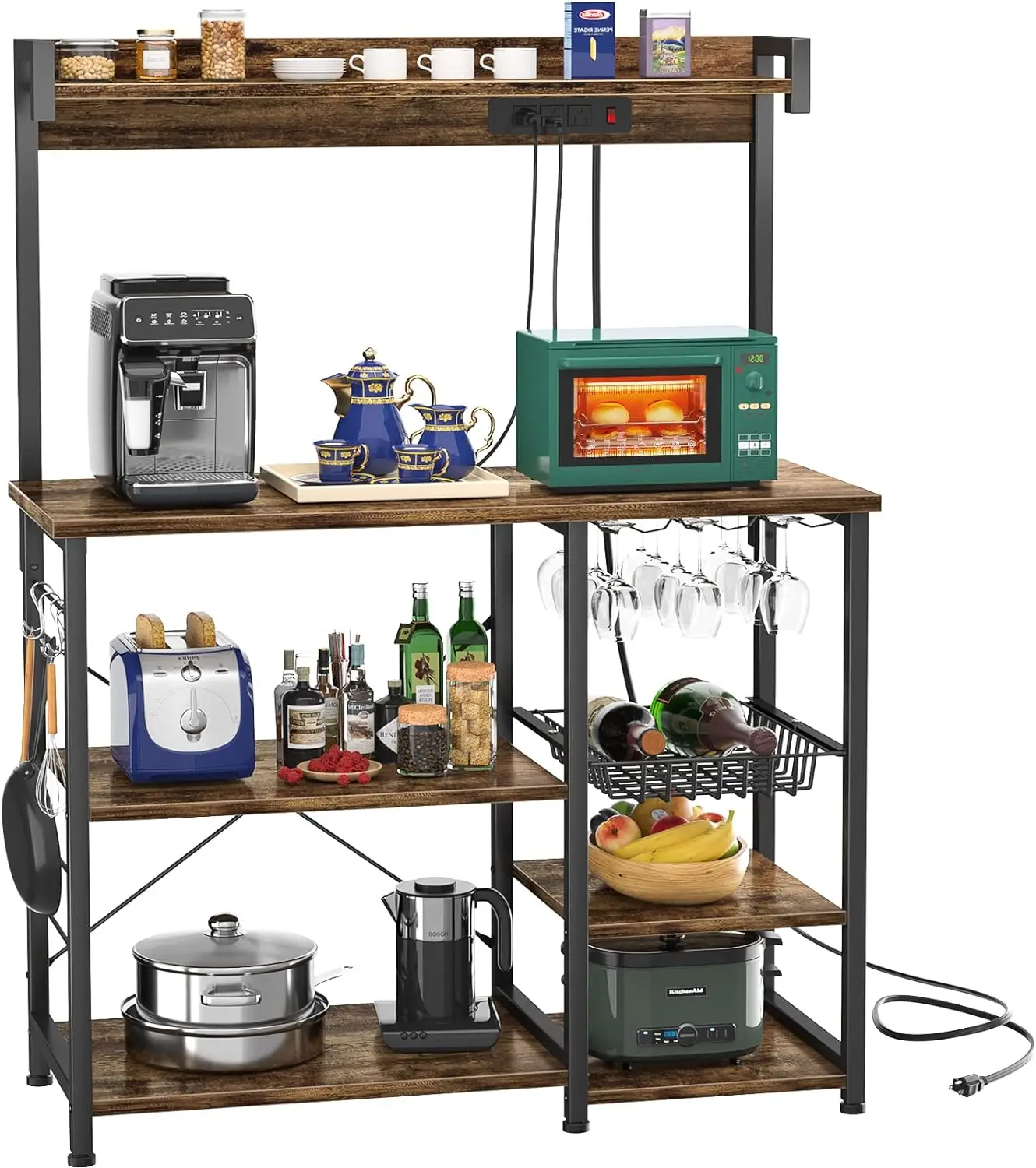 

Topfurny Bakers Rack with Power Outlet, Microwave Stand, Kitchen Storage Shelf with Wire Basket, Coffee Bar Station with Wine