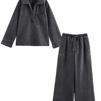 2024 Autumn Jeans Sets Women Turn-down Collar Casual Top Fas...