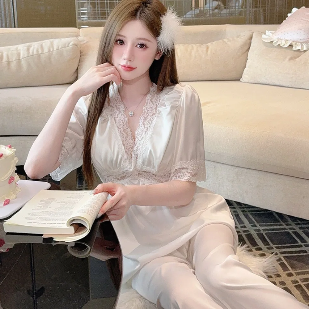 Silk Loungewear for Summer Pajamas Short Sleeve Sleepwear Women's Home Clothes 2Pcs Solid Color Homewear Suit Pijama Pyjamas