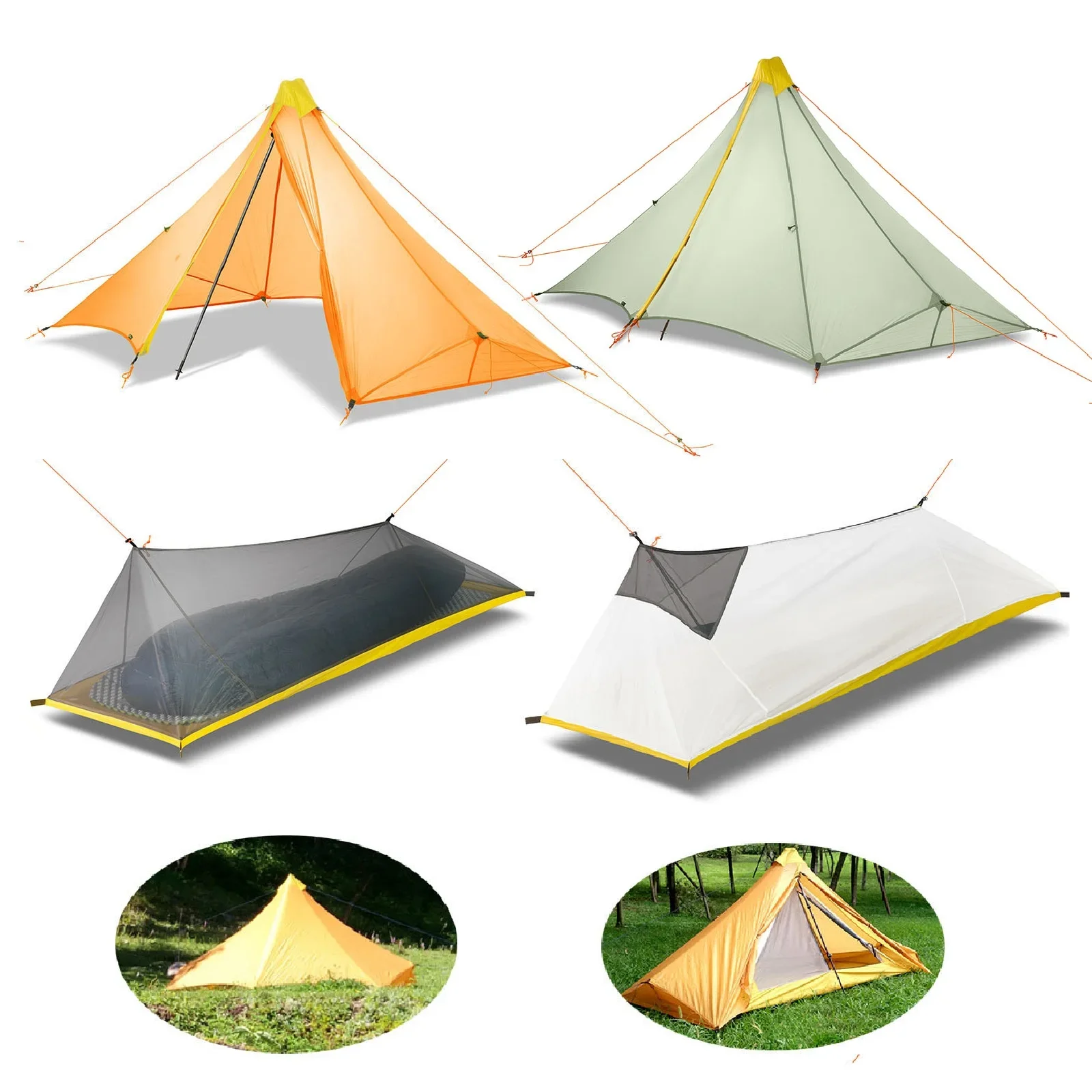 1 Person 4 Season Ultralight 20D Nylon Both-side Silicon Coated Rodless Pyramid 410g Flysheet or Summer 230-260g Mesh Inner Tent