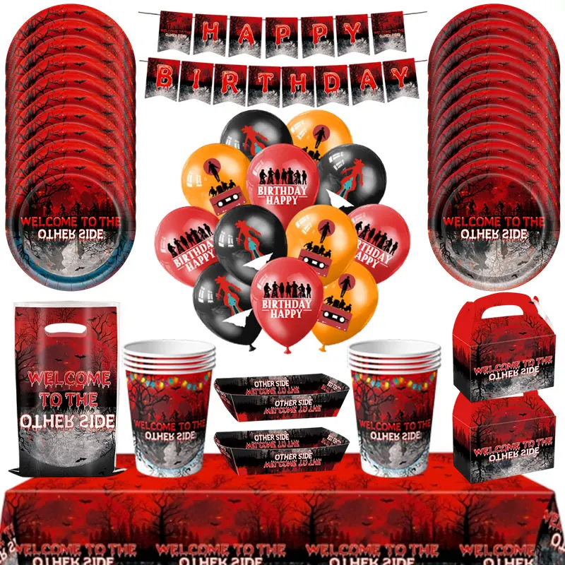 Stranger-Themen-Geburtstagsdekoration Horrorfilm-Geschirr Tasse Teller Tischdecke Luftballons Banner Geschenktüte Snackbox Partyzubehör – Detail 2