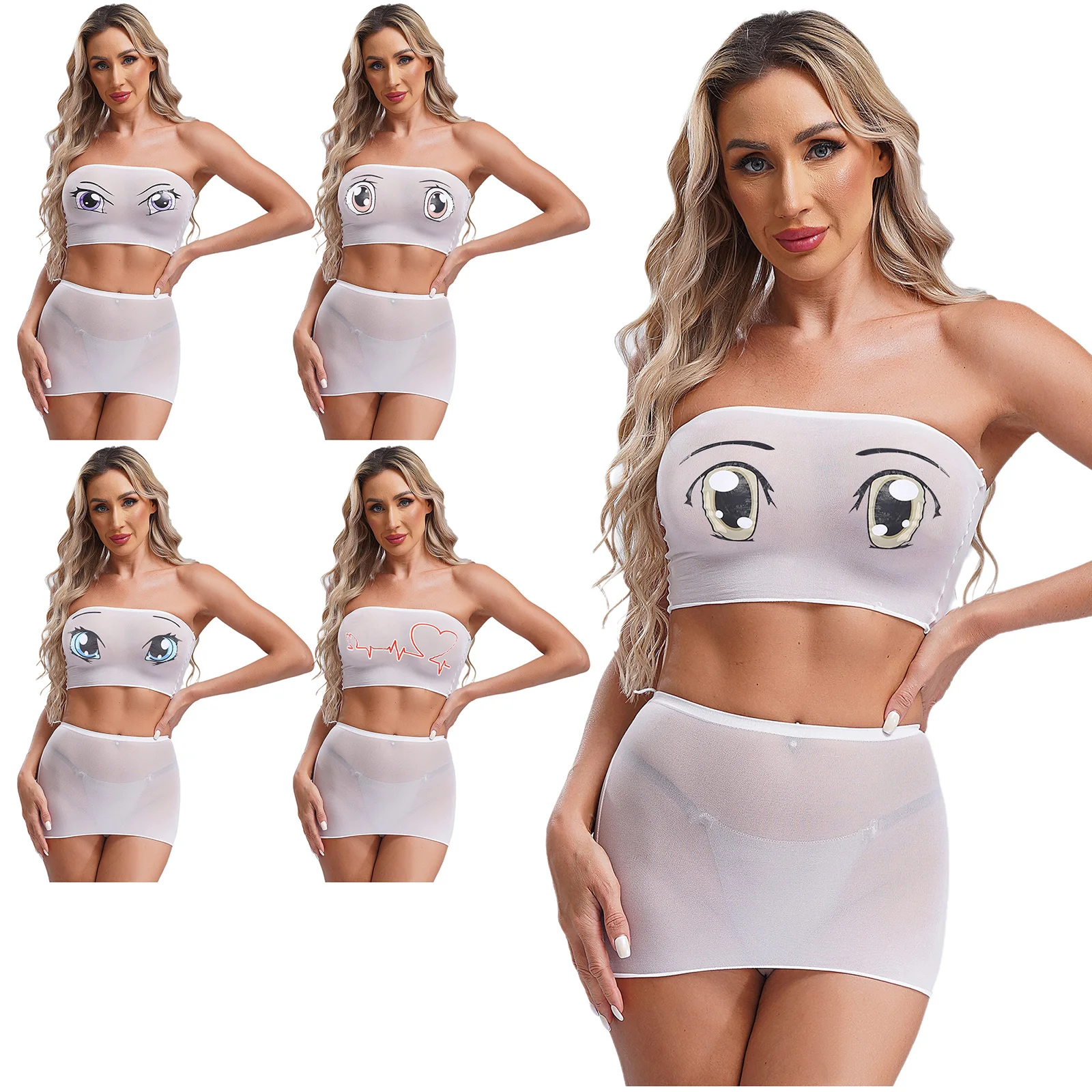 Conjunto de lingerie transparente feminino expressão dos desenhos animados impressão nightwear bandeau sem alças colheita superior e minissaia para namoro nightwear