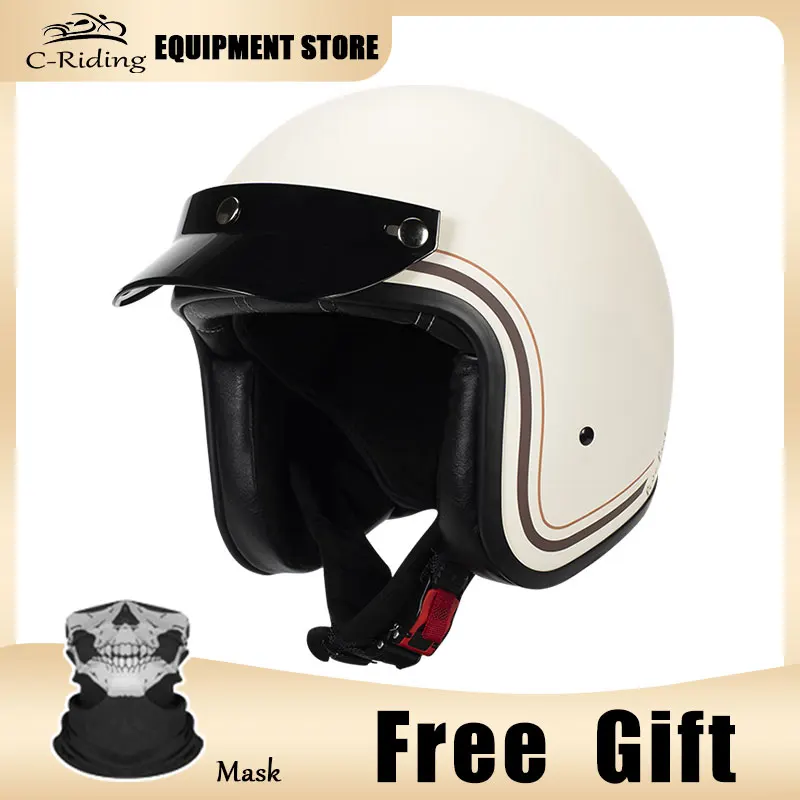 

Hot Milky White Line Design Open Face Vintage Jet Helmet Motorcycle for Men and Women motos équipements