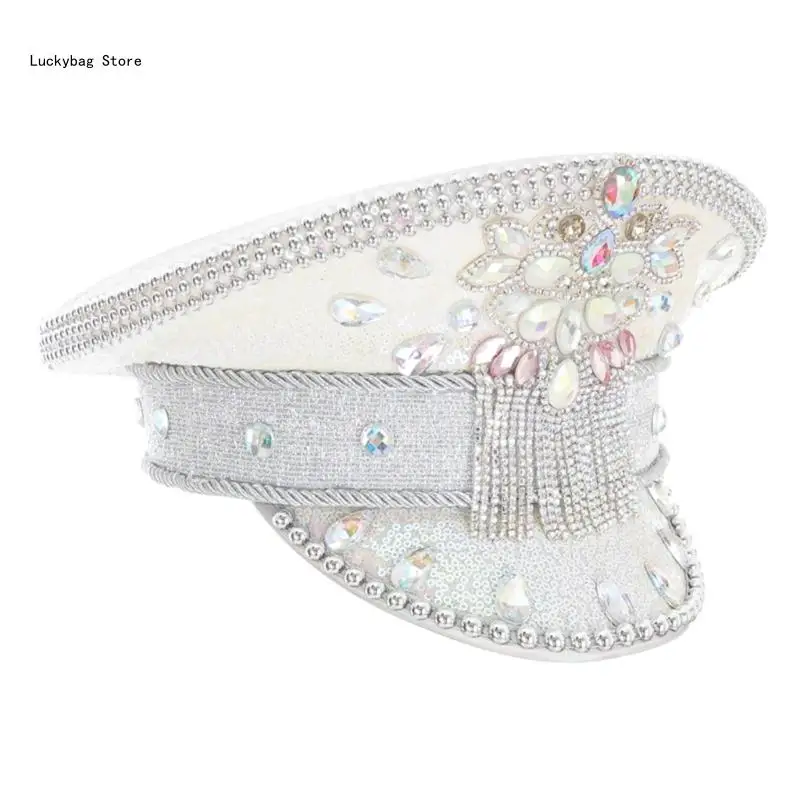 Punk Hat with Glinting Crystal Cool Rivets Captain Hat Photography Props