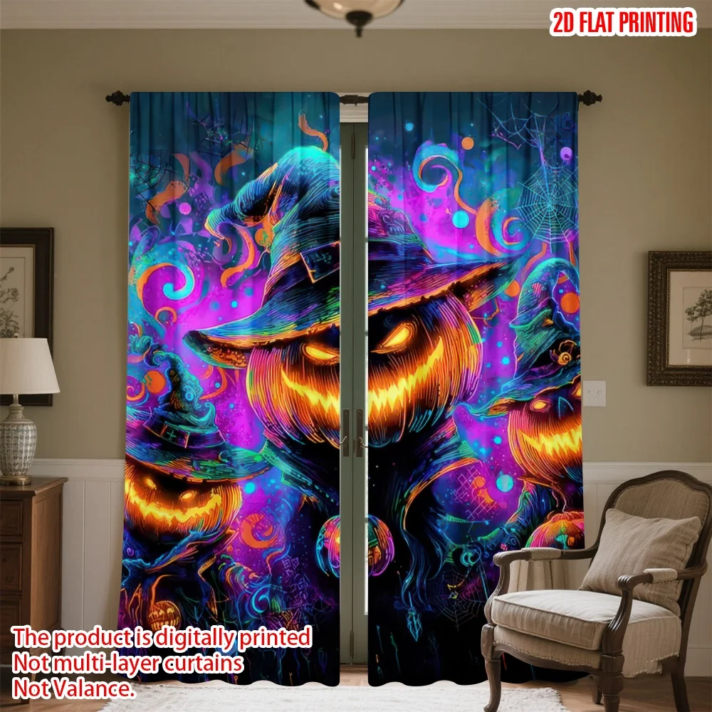 

2D flat printing 2pcs Drapes Halloween Glowing Pumpkin Heads Digital Printed Polyester Drapes Festive Holiday Perfect for