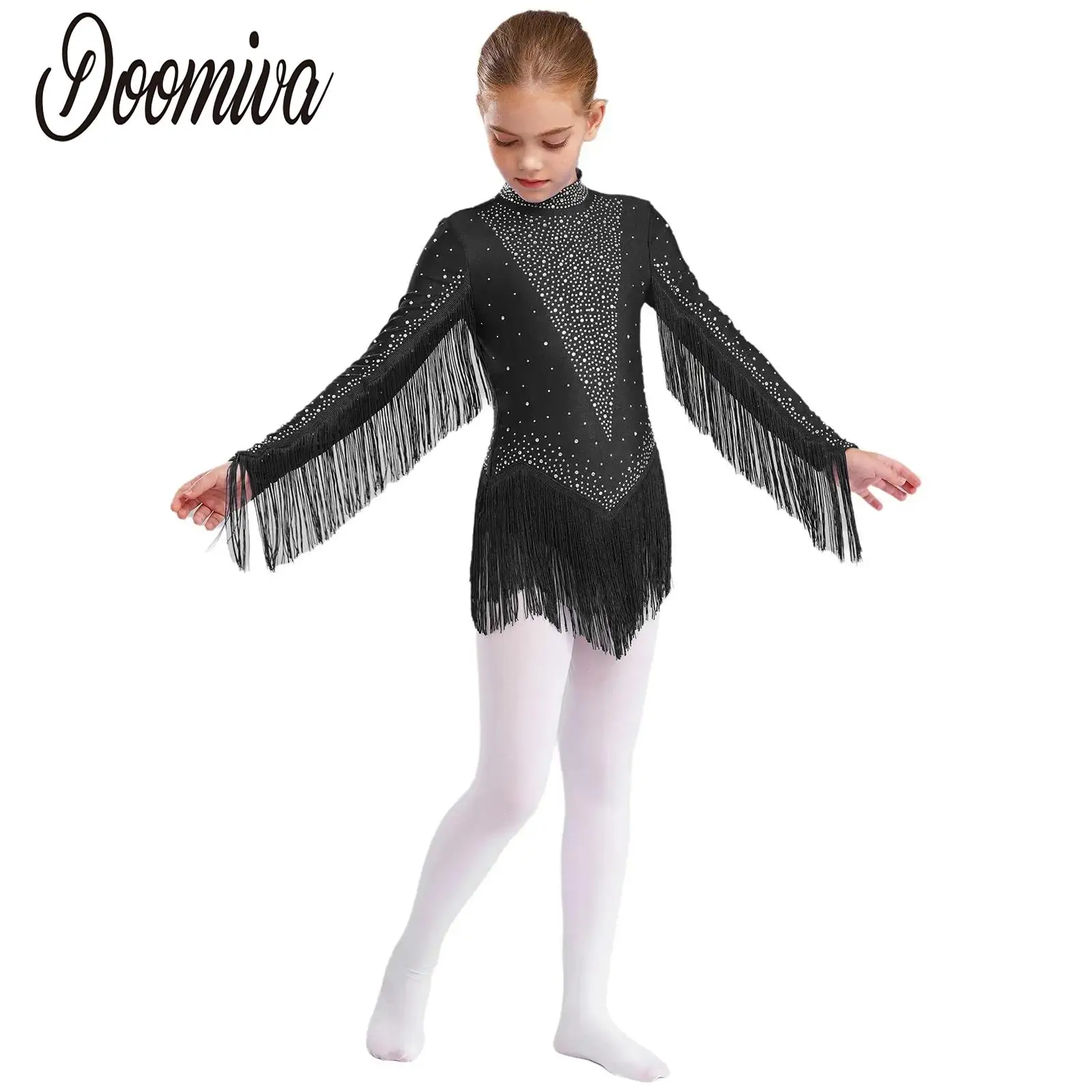 Crianças meninas jazz dança collant contornado jazz tango samba rumba traje strass mangas compridas retalhos borla collants bodysuit