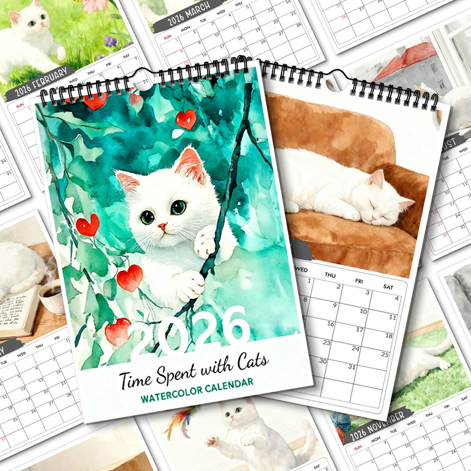 1 ชิ้น 2026 ปฏิทินติดผนัง, ธีมแมวสีน้ำ, วันเกิดที่สมบูรณ์แบบ, ของขวัญปีใหม่, พิมพ์คุณภาพสูง, เหมาะสำหรับตกแต่งบ้านและสำนักงาน
