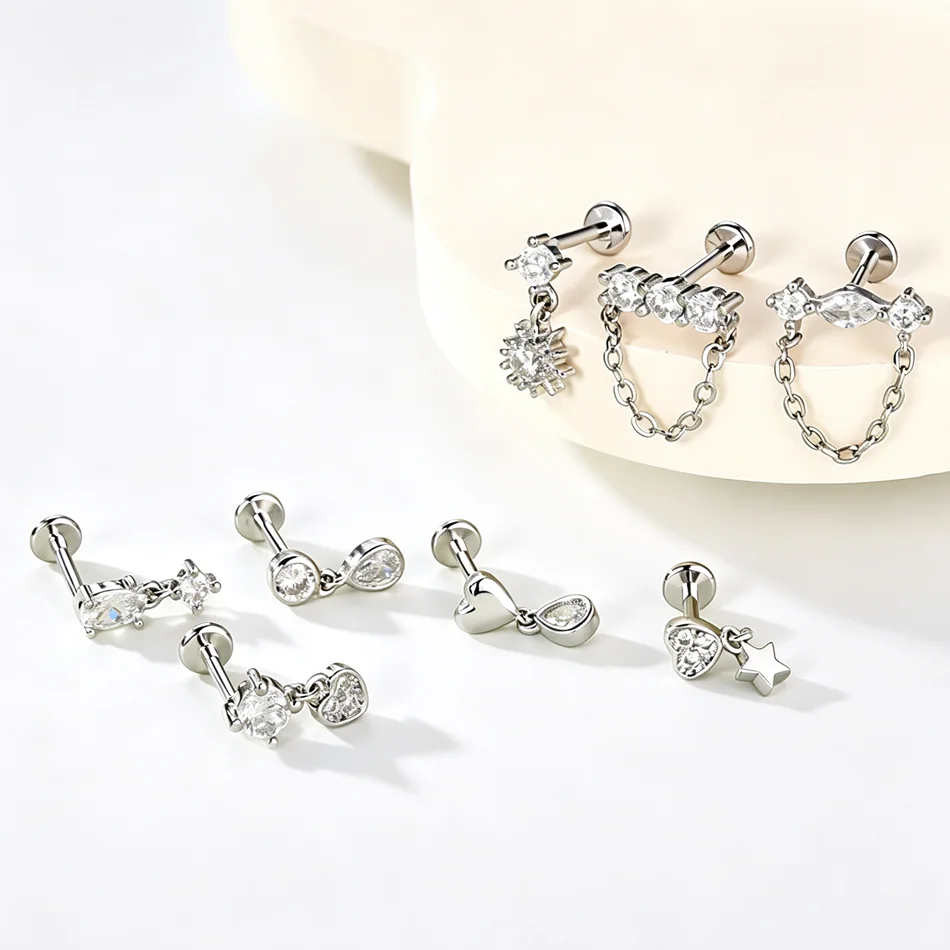 1PC Heart Zircon Stud Earring for Women Internally Threaded Ear Cartilage Helix Tragus Piercing Jewelry