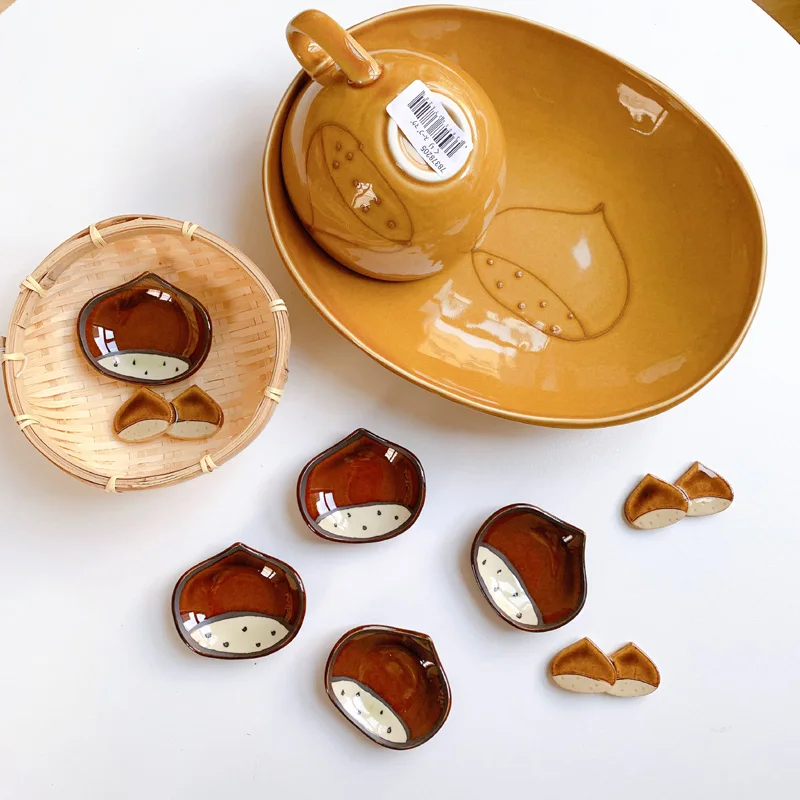 Japanese Ceramic Caramel Colored Chestnut Soup Cup Cute Squirrel Pattern Dining Plate for Home Use Afternoon Tea Coffee Cup