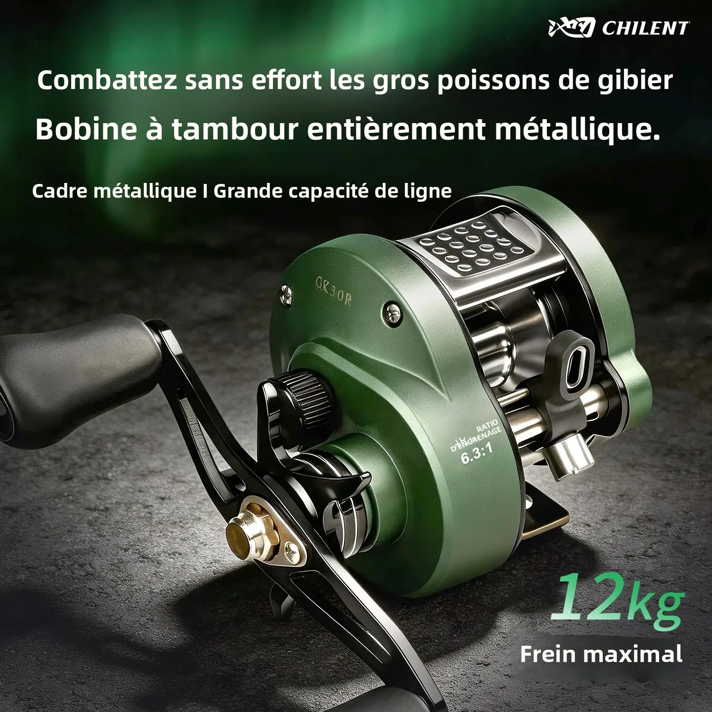 Moulinet de pêche CHILENT Drum Baitcaster, corps principal en alliage d'aluminium entièrement métallique, frein maximal 12 kg, 5+1 roulements à billes doublement étanches, moulinets de pêche en eau salée