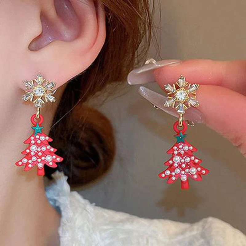 1Pair Light Luxury Snowflake Christmas Tree Pearl Tassel Earrings For Women Girls Sweet Versatile Earrings Jewelry Gifts image 2
