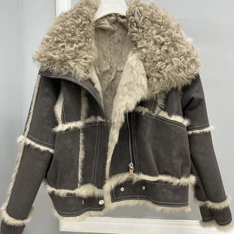 Winter New Korean-style Faux Rabbit Fur and Faux Fur Coat for Women Short Copy Beach Wool Collar and Thickened Coat in One Piece