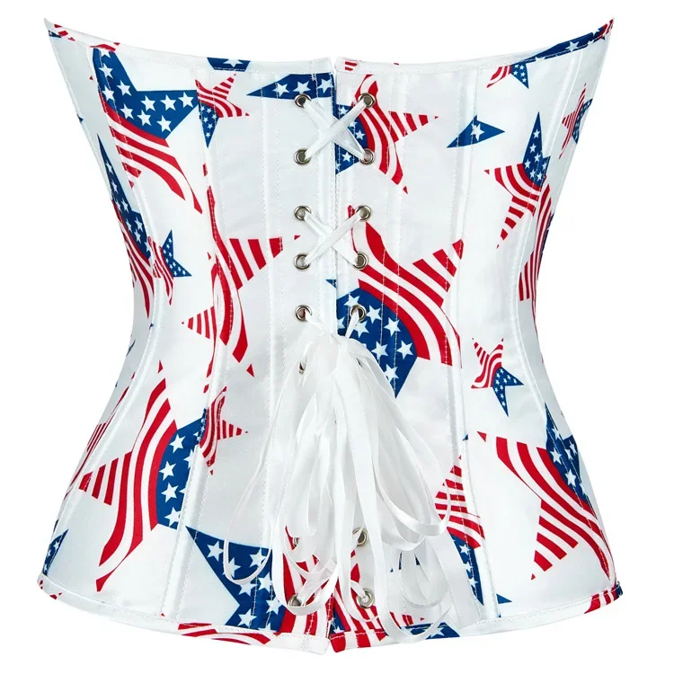 Women Satin Overbust Corset  Simple Elegant Brocade Bustier Independence Day American Elements Five Pointed Star Pattern corset