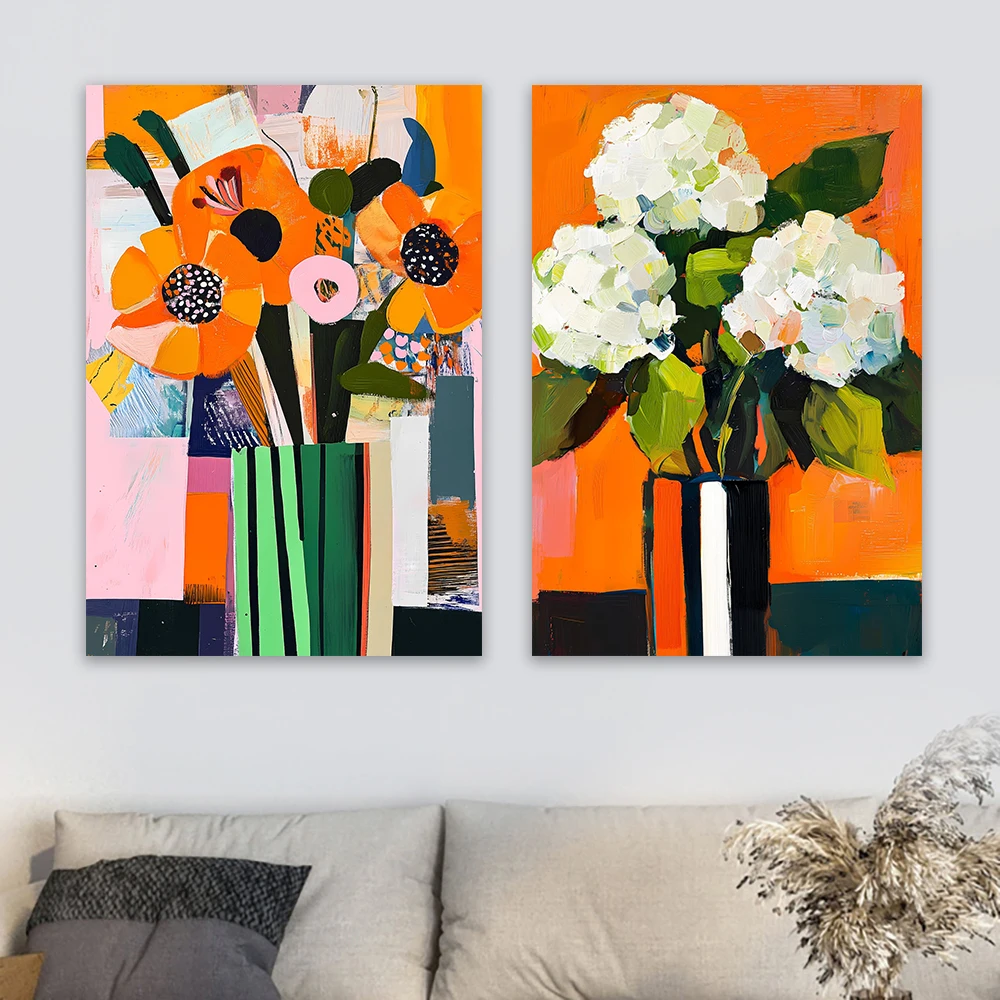 White Hydrangeas Abstract Art Poster Flower Vase Print Blue Hydrangeas Oil Painting Print Matisse Style Floral Canvas Painting
