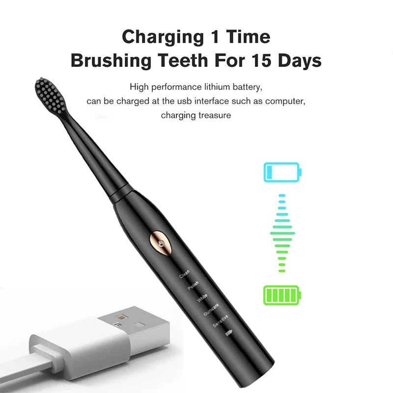 Sonic Electric Toothbrush USB Rechargeable High Frequency Cleaning 5 Cleaning Modes for Adults IPX7 Waterproof DuPont Brush Head