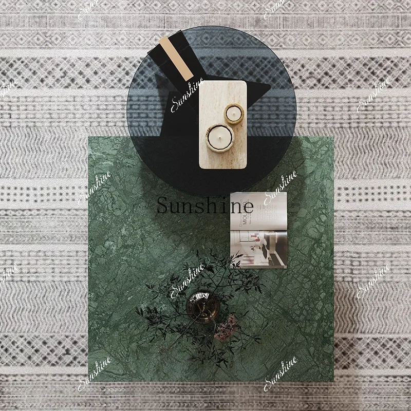 

Natural marble coffee table Indian green brushed black steel modern living room side table combinationE