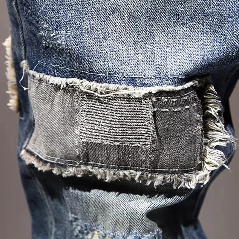 

High Street Designer Fashion Men Jeans Retro Washed Blue Stretch Slim Fit Patched Ripped Jeans Men Hip Hop Vintage Denim Pants