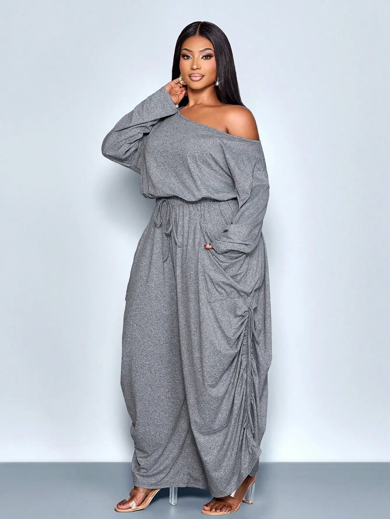 

Комбинезон больших размеров с открытыми плечами, длинными рукавами, драпировкой и карманами, повседневная уличная одежда для вечеринок и на каждый день