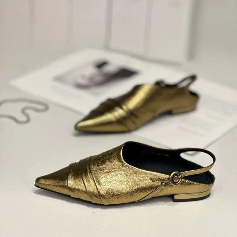 

2026 Spring and Summer New Pointed Toe High-end Metallic Women's Sandals Low Heeled Shoes