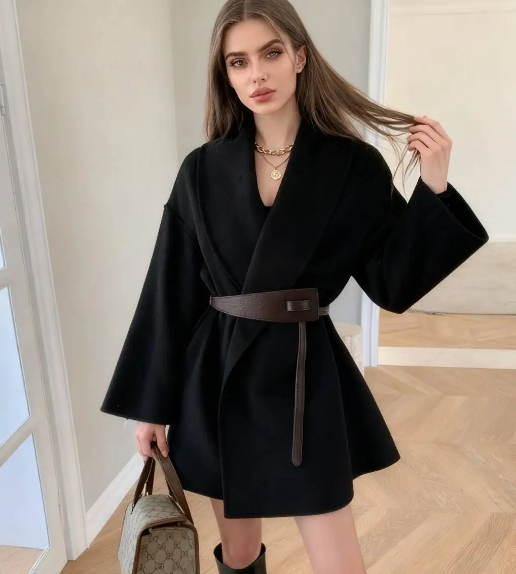 

Шерстяные пальто, женское шерстяное пальто, осеннее вельветовое жаккардовое пальто с регулируемой эластичной резинкой на талии, плиссированное расклешенное пальто с толстым рукавом «летучая мышь»