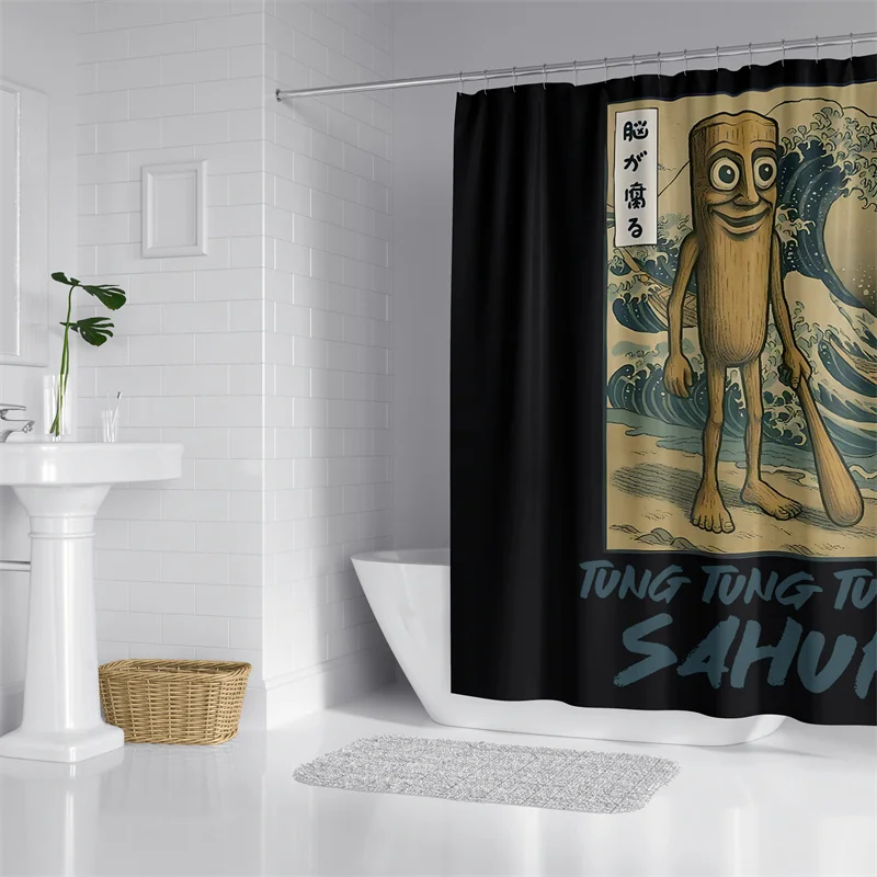 Aertemisi Tung Tung Tung Sahur Ukiyo-e Japanese Style Shower Curtain Set with Grommets and Hooks for Bathroom Decor
