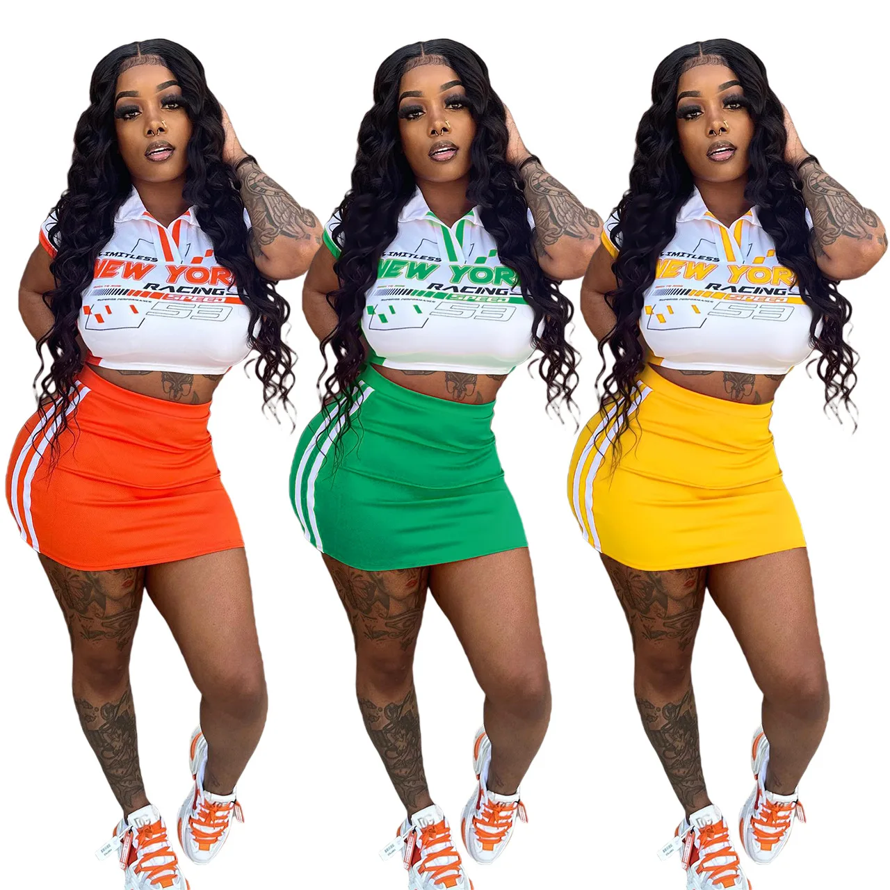 Fashion Letter Print 2 Piece Set Women Summer Sexy Crop Top + Mini Skirts Skinny Club Party Outfits Casual Sport Workout Suits