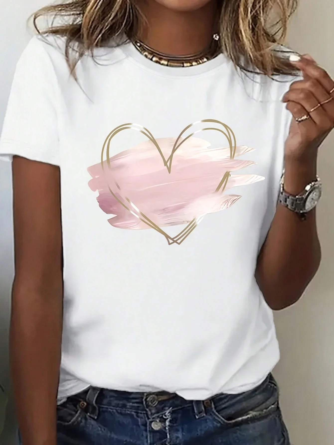 

Elegant Summer T-Shirt With Pink Heart Print Round Neck Short Sleeve Top