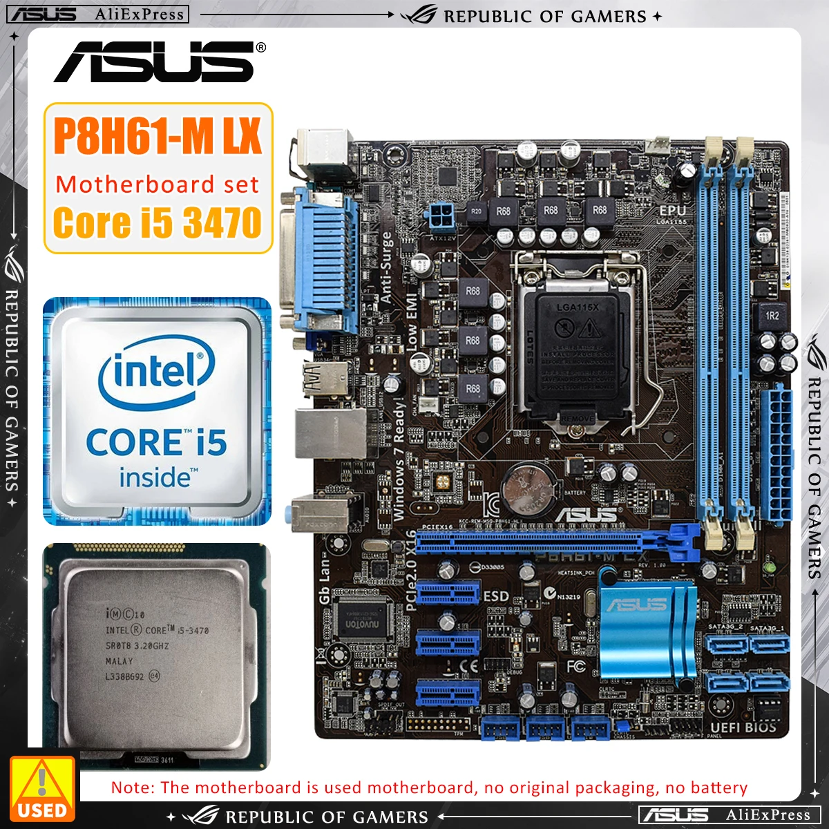 Asus P8H61-M LX motherboard i5 3470 CPU package uses Intel H61 chipset LGA 1155 slot to support Core i7 i5 i3 DDR3 DIMM 16GB