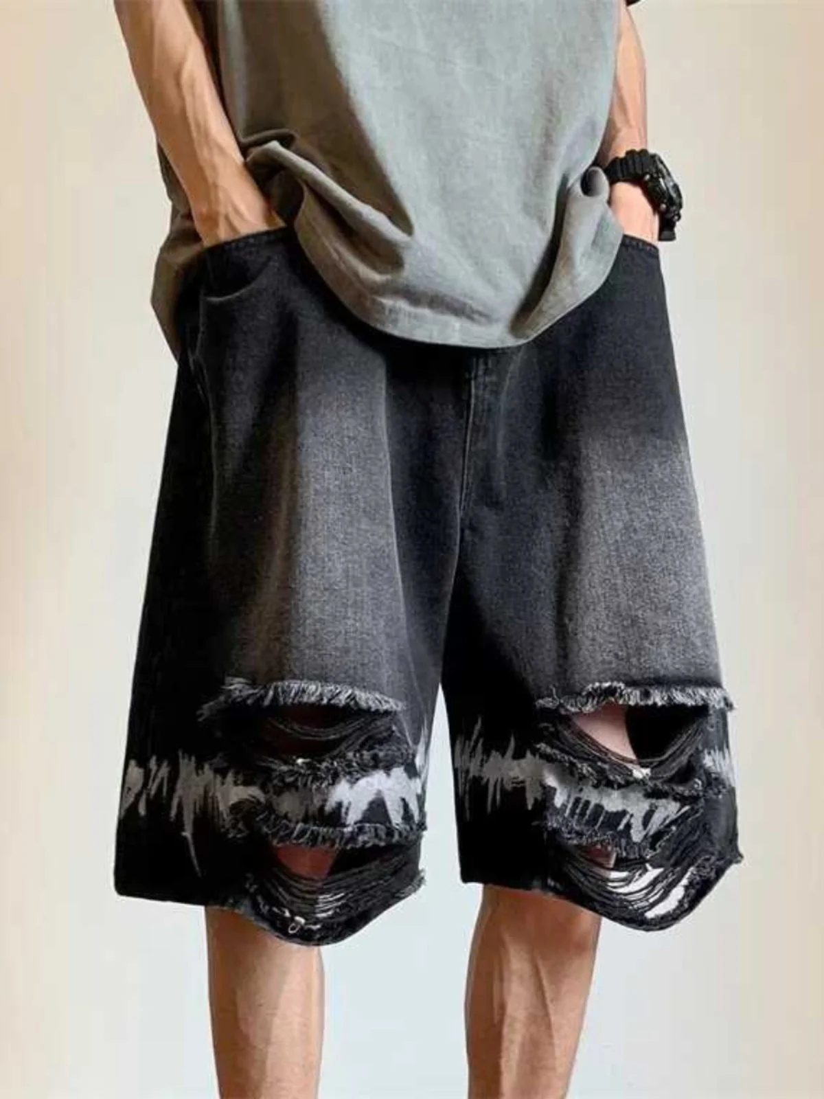 

Мужские джинсовые орты в стиле ретро в американском стиле длиной пять четвертей с отверстиями, износостойкие свободные прямые повседневные орты