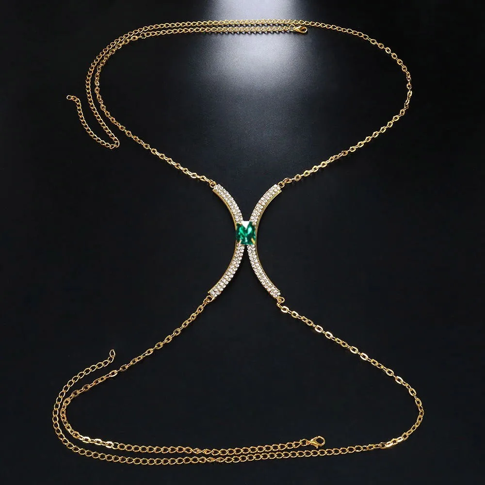 Square Green Crystal Rhinestone Bra Chain Body Jewelry for Women Sexy Cross Chest Bracket Bra Jewelry Festival Clothing Gift