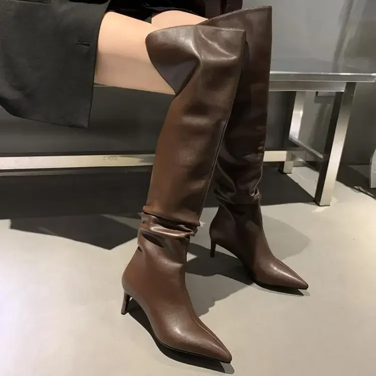 

Solid Color Simple Soft Leather Long Boots Comfortable Slip-On Stiletto Pointed Toe Botines Pleated Sexy Over-The-Knee Botas