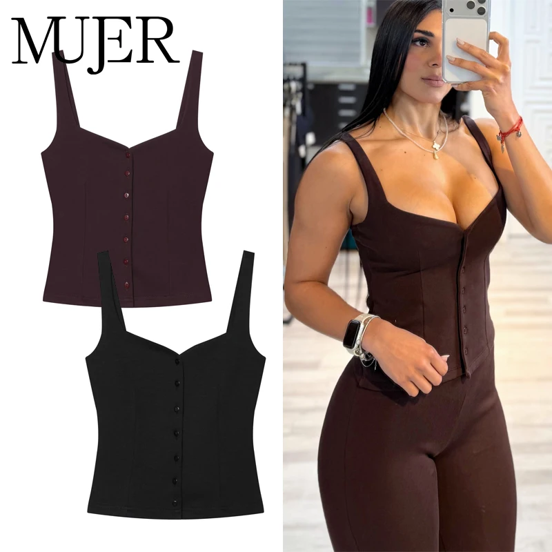MUJER Button Crop Top Women Summer Tank Corset Top Woman Sexy Backless Bustier Tops for Women Straps Tanks & Camis Women's Tops