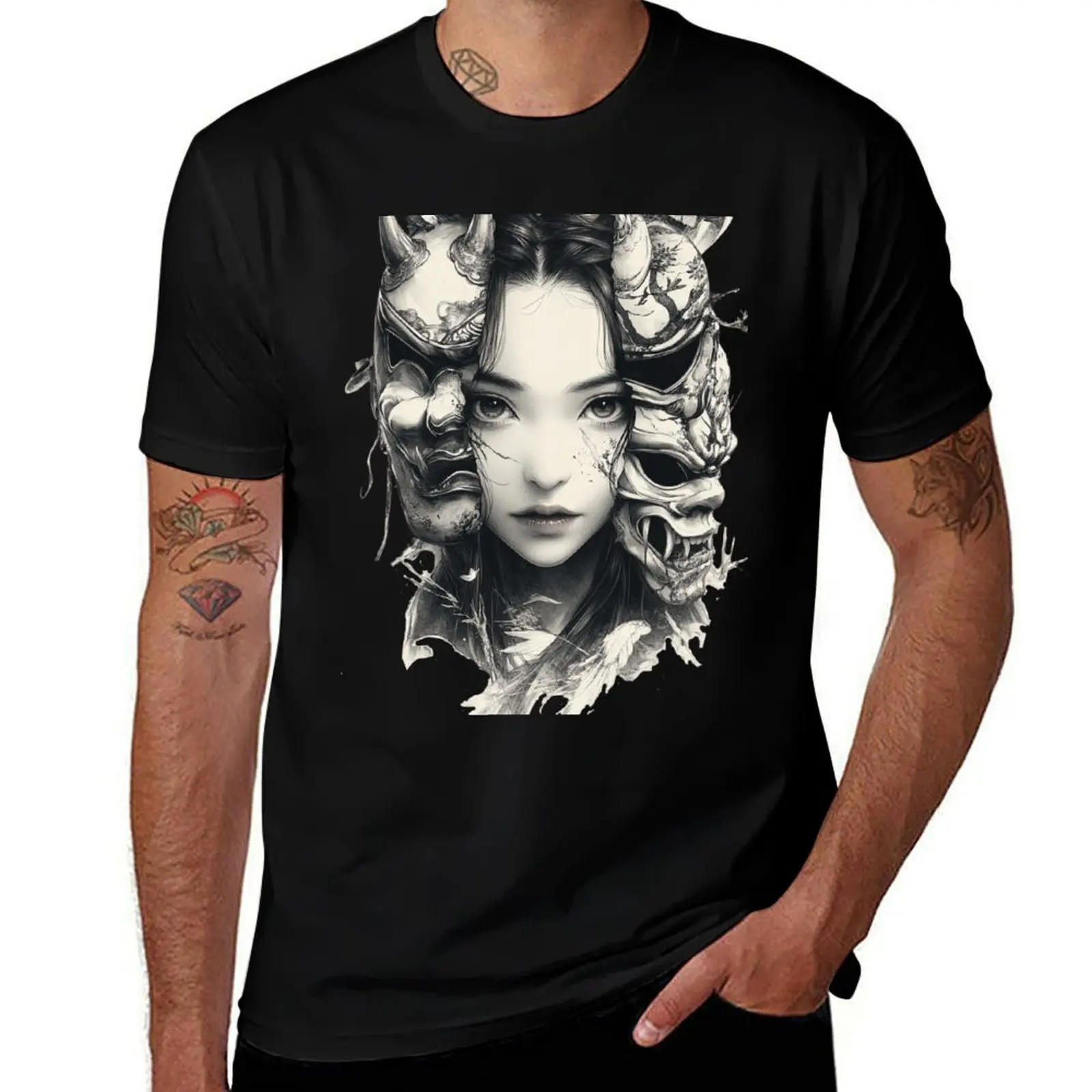 

Hidden Soul – Hand-Drawn Anime Girl with Japanese Oni Mask T-Shirt shirts graphic tees oversized men clothings