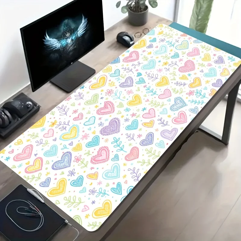 Cute Heart Pattern Extended Mouse Pad Non-Slip Rubber Base Gaming Desk Mat Durable Washable Office