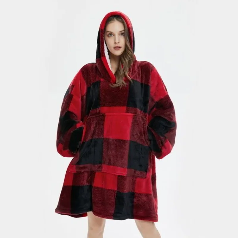 Comfy Wintertime Flannel Lazy Blanket TV Blanket Outdoor Cold Protection Hooded Loungewear Intensification Plaid Hoodie  Warmth