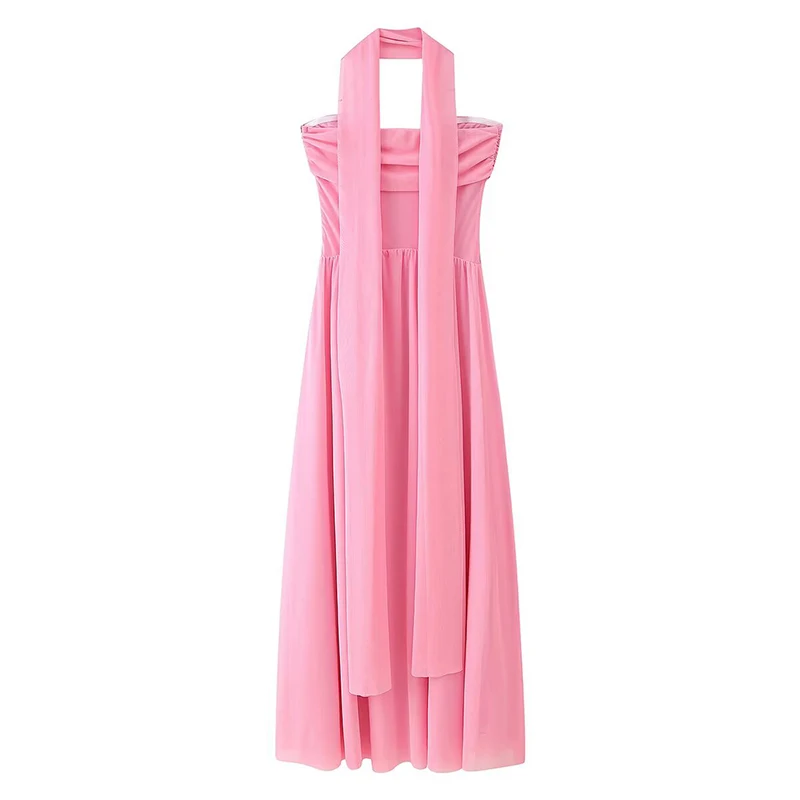 Yenkye sexy elegante rosa malha vestidos sem alças para mulheres cachecol colarinho sem costas a linha vestidos de festa longos maxi