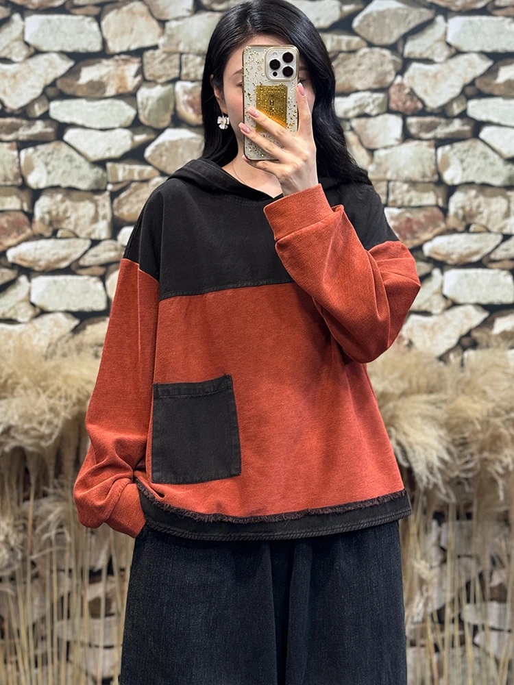 Amax LuluE ملابس الخريف الكلاسيكية النسائية خمر موضة فضفاضة مقنعين هوديس السيدات الفاخرة المرقعة بلوزات القطن عادية