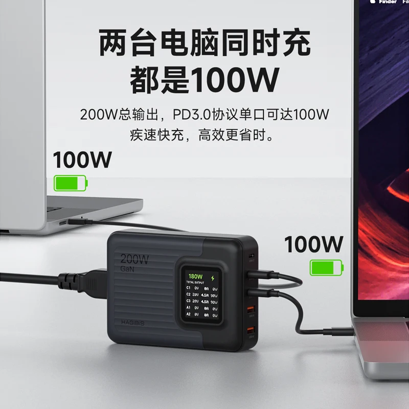 Chargeur en nitrure de gallium 200W, affichage numérique, tête de charge rapide multi-ports, charge PD pour ordinateur portable Apple, adaptateur MacBook