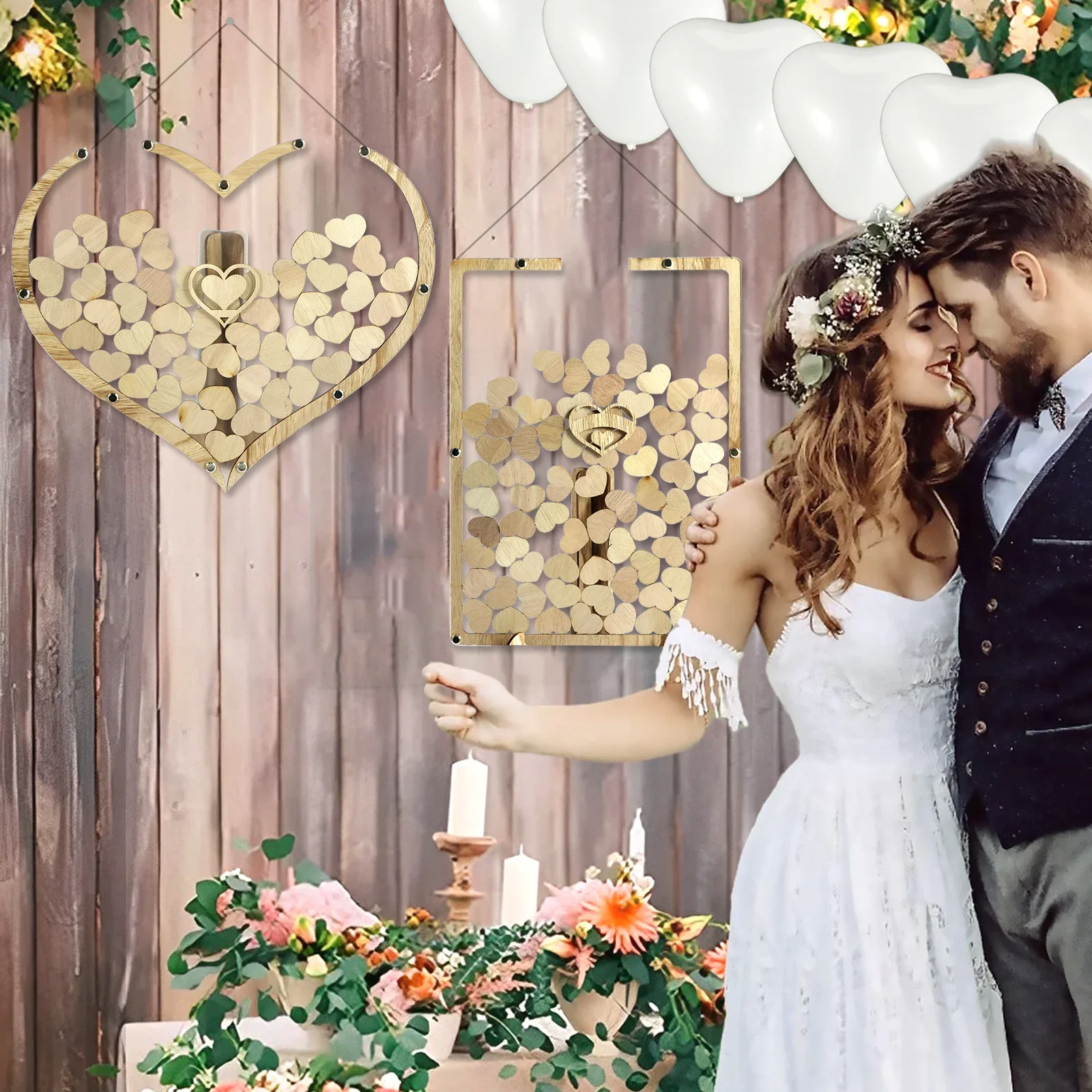 Juego de libros de invitados de boda con 80 tarjetas con forma de corazón, 2 bolígrafos y caja de almacenamiento, caja colgante de libro de invitados de madera para decoración de fiestas de bodas