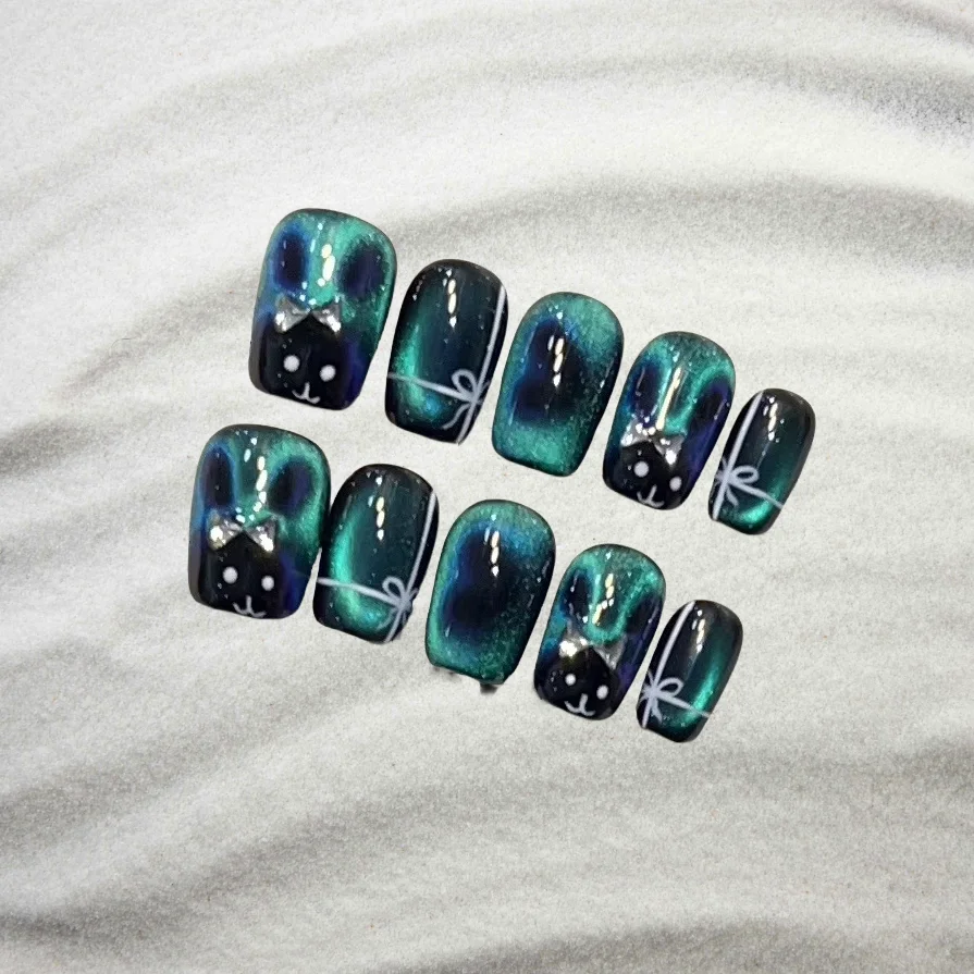 

10pcs Blue Cat-Eye Handmade Nails Zircon Butterfly Rabbit Press on Nail Short Ladder Flash Full Coverage Nail for Women&Girl