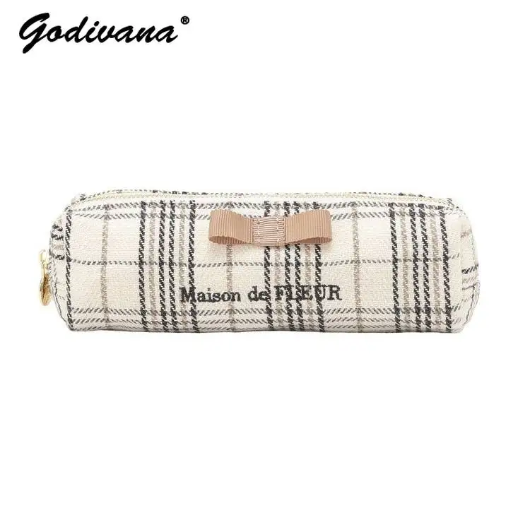 Japanese Style new Checkered Bow Shoulder Bag student girls cute Pencil Pouch Makeup Bag Student Stationery Cosmetic Storage Bag