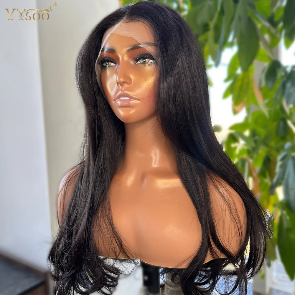 YYsoo Long 1# Black Body Wave Futura Synthetic 13x4 Glueless Lace Front Wigs with Bangs For Black Women Pre Plucked Hairline