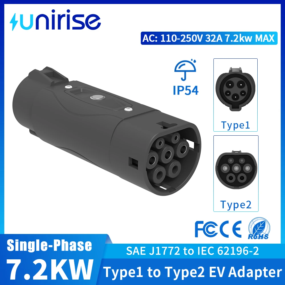 UNIRISE 32A 7.2KW EV Adapter Converter Type1 to Type 2 SAE J1772 Charger to Type2 IEC 62196 Electric Vehicle Charging Connector