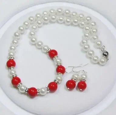 

10-12mm White Akoya Shell Pearl Red Jade Gems Round Beads Necklace Bracelet set