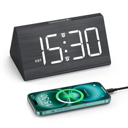 ORIA Wooden Alarm Clock Digital LED Clock Upgrade Desktop Alarm Clock with DST and Colorful Lighting for Bedroom Office