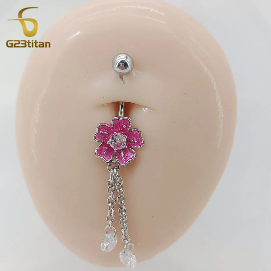 G23titan Charm Pink Flower Zircon Round Pendant Navel Ring 14G Titanium Barbell Belly Button Ring Piercing Women Jewelry Ombligo