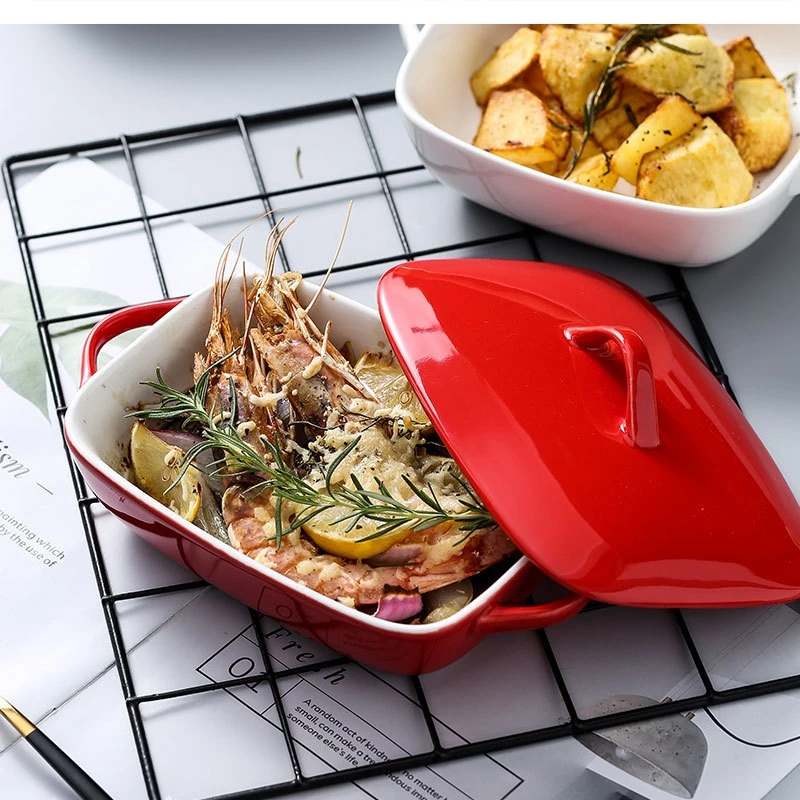 Square ceramic insulated baking tray with lid Household two-ear pasta and cheese baked meal plate microwave pan